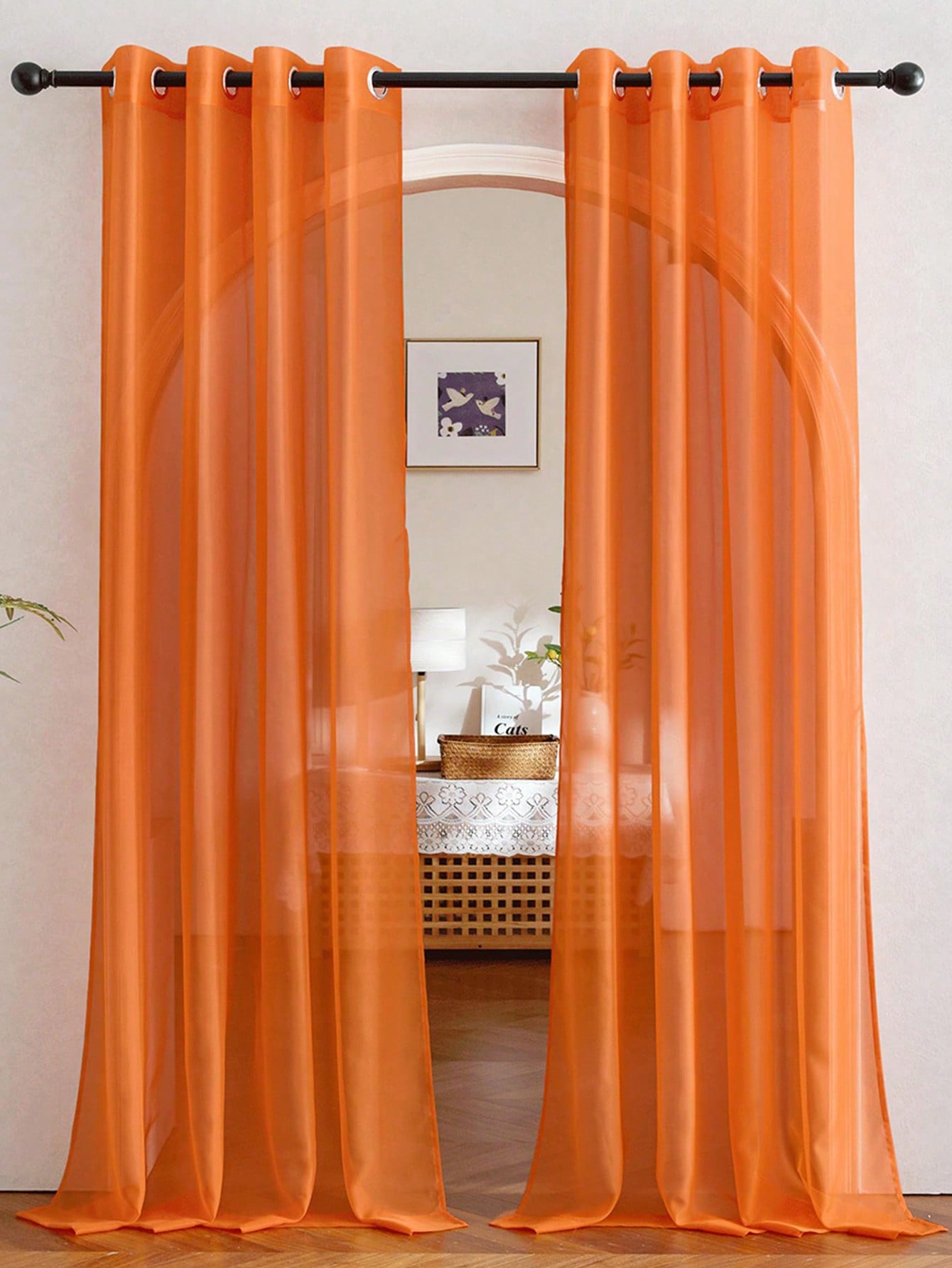 Curtain Rods - ستارة أورجانزا شفافة برتقالية أنيقة بفتحة