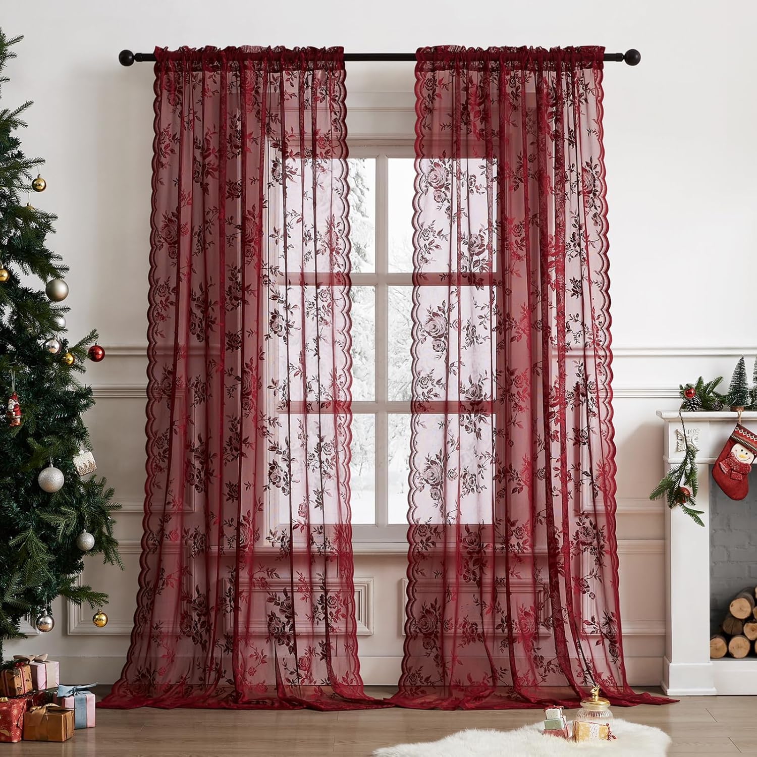 Curtain Rods - ستارة دانتيل بلون النبيذي بطول 45